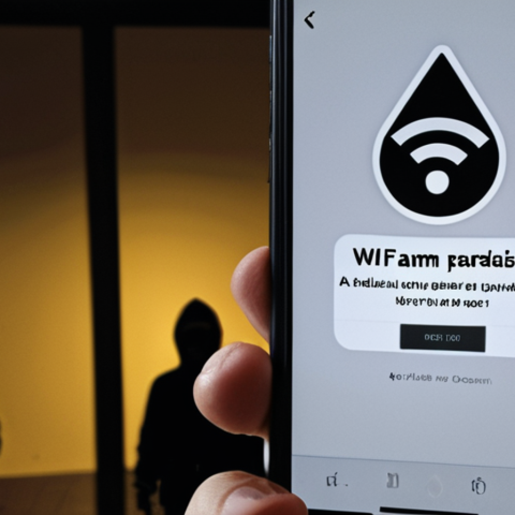**

A phone displaying a warning sign over a public WiFi symbol. In the background, shadowy figures are lurking, representing hackers. Overlay text: "WiFi Awam: Syurga Penggodam?" (Public WiFi: A Hacker's Paradise?). A worried face looking at the phone screen.

**