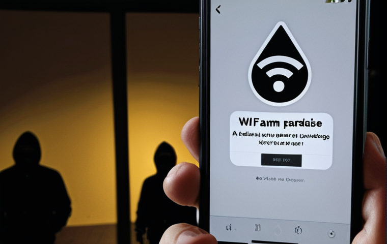 **

A phone displaying a warning sign over a public WiFi symbol. In the background, shadowy figures are lurking, representing hackers. Overlay text: "WiFi Awam: Syurga Penggodam?" (Public WiFi: A Hacker's Paradise?). A worried face looking at the phone screen.

**