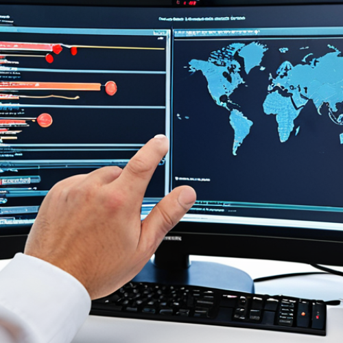 Home 6 ** A security professional conducting a network security audit, examining firewall configurations and software updates on a computer screen. The setting is a modern office with network equipment visible in the background.
**