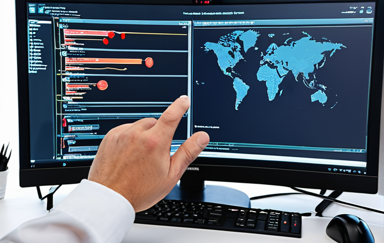 ** A security professional conducting a network security audit, examining firewall configurations and software updates on a computer screen. The setting is a modern office with network equipment visible in the background.

**