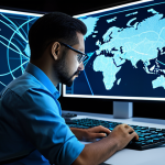 A highly competent professional cybersecurity analyst, fully clothed in a modest business shirt and trousers, is deeply focused in a state-of-the-art Security Operations Center (SOC). Multiple large screens display complex network data visualizations, abstract AI-driven anomaly detection patterns, and real-time threat intelligence feeds. The analyst is interacting with a transparent touch screen, with subtle glowing blue lines representing intricate data flow, clearly signifying advanced machine learning capabilities in action. The environment emphasizes innovation and proactive defense, showcasing cutting-edge technology. The overall image captures a serious, competent, and forward-thinking atmosphere. This image must feature perfect anatomy, correct proportions, well-formed hands, and a natural pose. It is safe for work, appropriate content, fully clothed, and professional.