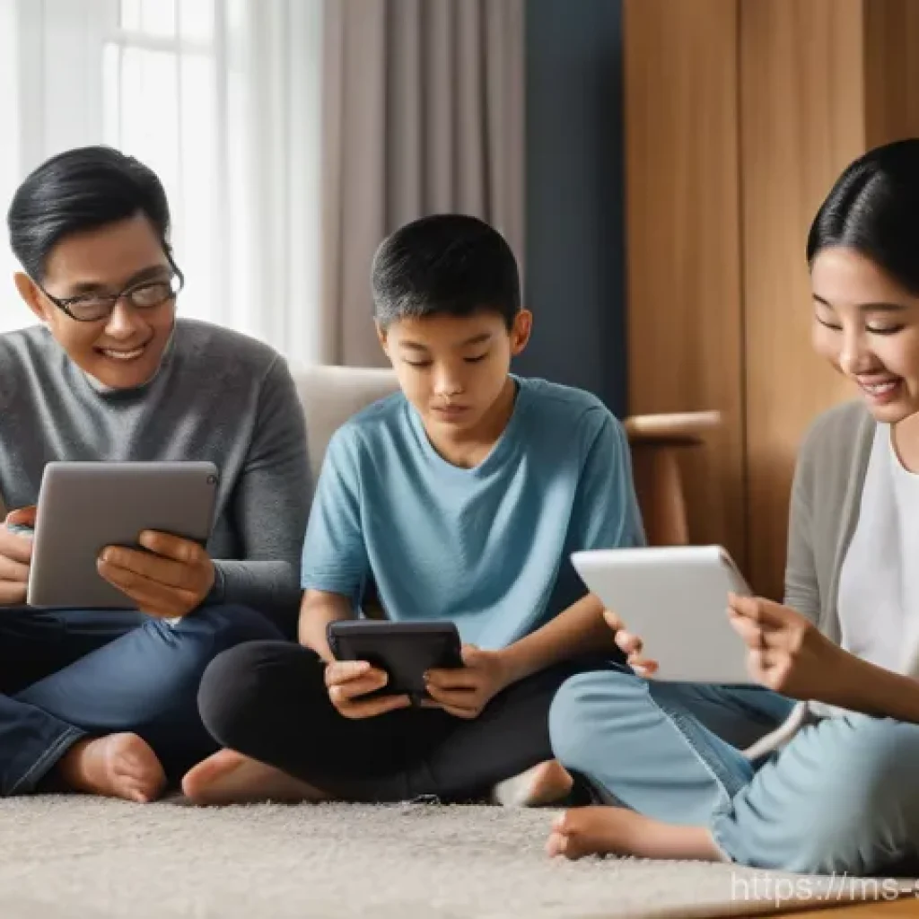 모바일 기기를 위한 네트워크 보안 모니터링 솔루션 - A warm, inviting scene of a multi-generational Malaysian family in their living room. A mother and f...