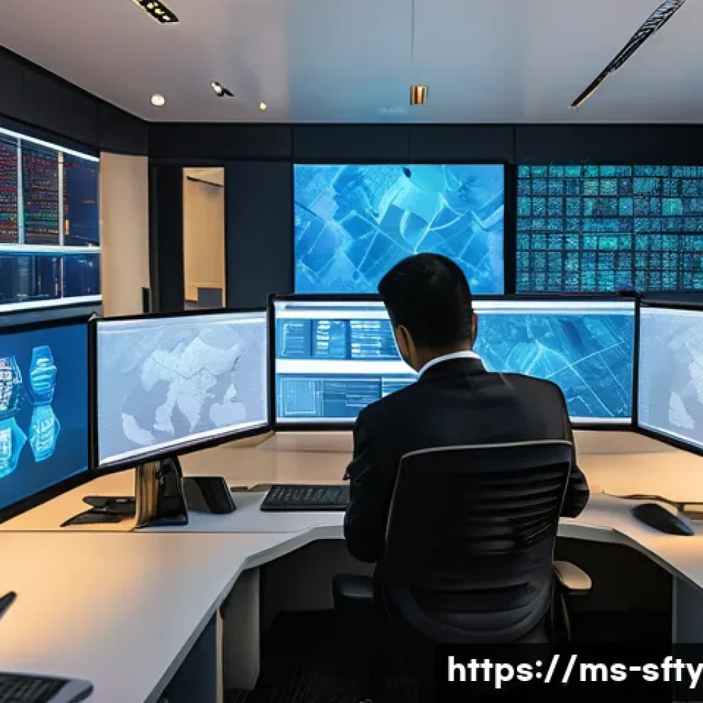 네트워크 보안 모니터링 도구의 재무적 이점 - A modern Malaysian office environment with a diverse IT team actively monitoring multiple large digi...