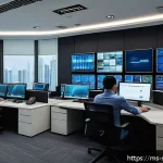네트워크 보안 모니터링의 법적 요구 사항 - A modern Malaysian corporate office environment with diverse IT professionals actively monitoring mu...