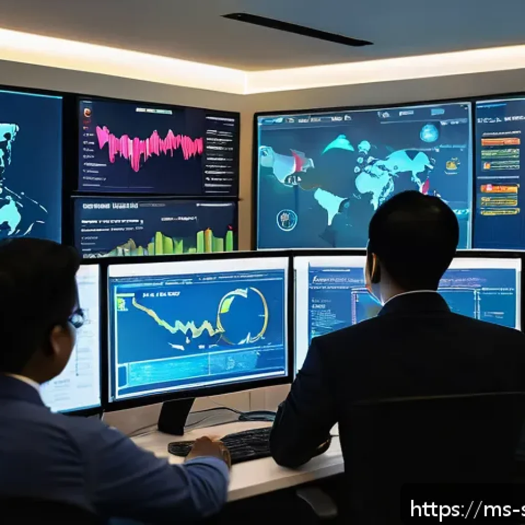 네트워크 보안 모니터링 도구의 데이터 분석 기술 - A modern Malaysian office environment with diverse IT professionals monitoring a large interactive d...