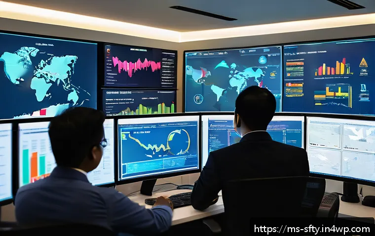 네트워크 보안 모니터링 도구의 데이터 분석 기술 - A modern Malaysian office environment with diverse IT professionals monitoring a large interactive d...